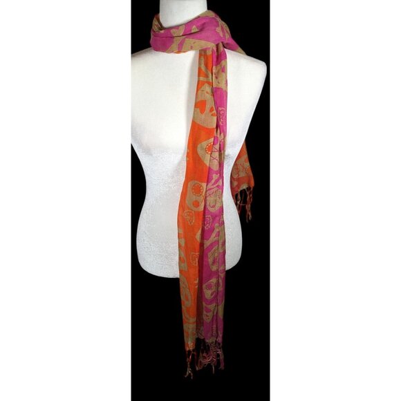 Gothic Voodoo Pink And Orange Skull Print Scarf With Fringe And Bead Accents - Picture 4 of 8